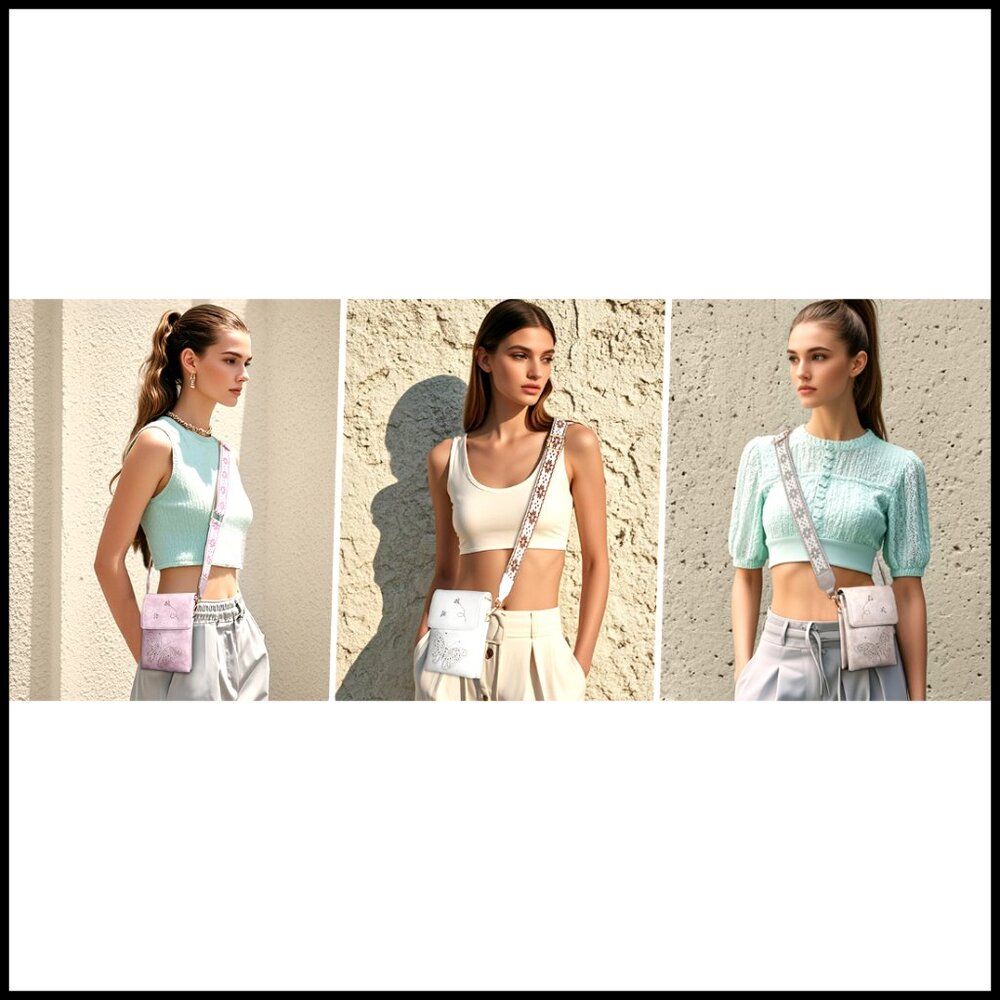 Vegan Leather Crossbody Bag with Triple Pockets, Adjustable Strap, Butterfly - Picture 7 of 7